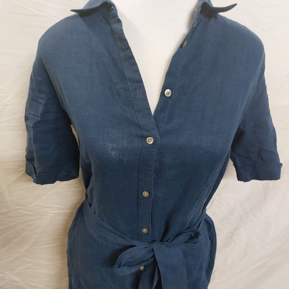 UNTUCKit her short sleeve navy 100% linen midi dress nancy button dress belt 2 - Picture 2 of 16